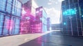 Augmented Reality Visualization Creating 3D Graphics Over Shipping Containers in the Terminal. Futuristic Animation