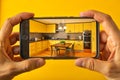 Augmented Reality Visualization: Person Taking Kitchen Picture with Phone - 3D Photorealistic Render Royalty Free Stock Photo
