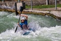 Augsburg, Germany - June 16, 2019: Whitewater kayaking on the Eiskanal in Augsburg