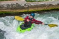 Augsburg, Germany - June 16, 2019: Whitewater kayaking on the Eiskanal in Augsburg