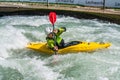 Augsburg, Germany - June 16, 2019: Whitewater kayaking on the Eiskanal in Augsburg