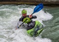 Augsburg, Germany - June 16, 2019: Whitewater kayaking on the Eiskanal in Augsburg