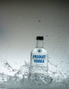 12 Augsut 2020, Yogyakarta, Indonesia: Vodka bottle water splash with iced cube properties Royalty Free Stock Photo