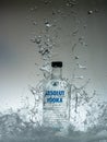 12 Augsut 2020, Yogyakarta, Indonesia: Vodka bottle water splash with iced cube properties Royalty Free Stock Photo