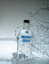 12 Augsut 2020, Yogyakarta, Indonesia: Vodka bottle water splash with iced cube properties Royalty Free Stock Photo