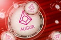 Augur crash, bubble. Augur REP cryptocurrency coins in a bubbles on the binary code background