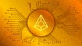 Augur REP cryptocurrency token symbol of the DeFi project in circle with PCB tracks on gold background.