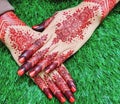 August 2022, Aceh, Indonesia. Henna art on the bride hands. Royalty Free Stock Photo