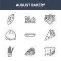 9 august bakery icons pack. trendy august bakery icons on white background. thin outline line icons such as bread, crepe, scone .