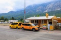 August 11, 2022 Beldibi, Turkey. Taxi cars at the taxi center in the tourist village.
