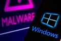 August 25, 2021, Brazil. In this photo illustration the Microsoft Windows logo displayed on a smartphone with malware alert in the
