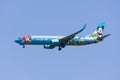 August 31, 2019 Burlingame / CA / USA - Alaka Airlines aircraft preparing for landing at SFO; The Spirit of Disneyland plane was