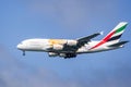 August 19, 2019 Burlingame / CA / USA - Emirates Airbus A380 aircraft with Expo 2020 Dubai livery is approaching SFO; Orange