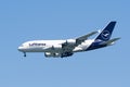 August 31, 2019 Burlingame / CA / USA - Lufthansa aircraft preparing for landing at San Francisco International Airport SFO