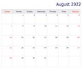 August Calendar 2022 with copy space and table