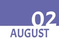 2 august calendar date with copy space. Very Peri background and white numbers. Trending color for 2022