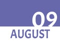 9 august calendar date with copy space. Very Peri background and white numbers. Trending color for 2022