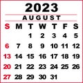 August 2023 Calendar Illustration. The Week Starts On Sunday. Calendar Design In Black And White Colors, Sunday In Red Colors