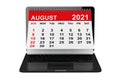 August 2021 calendar over laptop screen. 3d rendering Royalty Free Stock Photo