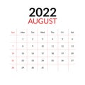 August 2022 calendar and week starts on sunday Royalty Free Stock Photo