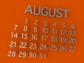 August Calender 3D metal on orange background