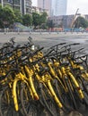 Shared bicycles piled up in the street