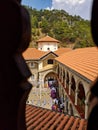 August 2018 - Cyprus: Main courtyard of the active Greek orthodox Kykkos monastery in the Troodos mountains