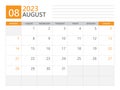 August 2023 template, Calendar planner 2023, week start on Monday, Desk calendar 2023 year, simple planner and clean design