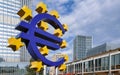 August, 2019, Euro sign at European Central Bank headquarters in the evening, business district in Frankfurt am Main, Germany