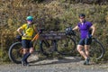 August 27, 2016 - Females mountain biking at Polychrome Pass, Denali National Park, Interior, Alaska cross country bicyclists at P