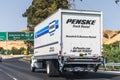 August 1, 2020 Fremont / CA / USA - Penske rented truck driving on the freeway in East San Francisco bay area; Penske Corporation Royalty Free Stock Photo