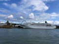 CruIse boat, Sky Wheel Uspenski Eastern Orthodox Cathedral on the background at Harbour Royalty Free Stock Photo