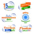 15 August independence day of india, fredom sale, banner sets, emblem, badges, print, use for T shirt, mug, poster etc