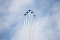 18 AUGUST 2019 KAZAN, RUSSIA: five military fighter jets flying in the cloudy sky in checkmark shape