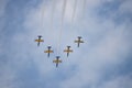 18 AUGUST 2019 KAZAN, RUSSIA: five military fighter jets flying in the cloudy sky in v-shape