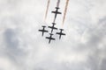 18 AUGUST 2019 KAZAN, RUSSIA: five military fighter jets flying in the grayish cloudy sky