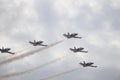18 AUGUST 2019 KAZAN, RUSSIA: five military fighter jets flying in the grayish cloudy sky and performing a small show
