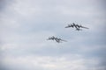 18 AUGUST 2019 KAZAN, RUSSIA: two military transport aircrafts flying in the sky