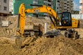 29 august 2019, Kiev, Ukraine:Working Excavator Tractor Digging A Trench At Construction Site.Close-up of a construction site