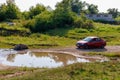 August 22, 2021 Koban Moldova, the car crosses a huge stream or a small river. Illustrative editorial. Background