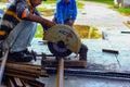 August 2018,Kolkata, India, A male worker cutting steel bar with motorized Bosch Steel Rod Cutter and generating sparks