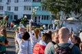 August 15 2020 Minsk Belarus A car with an opposition flag and a stop dictator poster