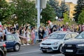 August 14 2020 Minsk Belarus Many people stand by the roadside to protest against violence