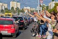 August 15 2020 Minsk Belarus Many people stand by the roadside to protest against violence