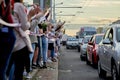 August 14 2020 Minsk Belarus Many people stand by the roadside to protest against violence