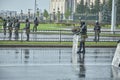 August 30 2020 Minsk Belarus Many uniformed soldiers with a shield to disperse the protesters