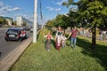 August 15 2020 Minsk Belarus Many people stand by the roadside to protest against violence