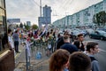 August 14 2020 Minsk Belarus Many people stand by the roadside to protest against violence