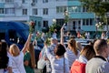 August 15 2020 Minsk Belarus A car with an opposition flag and a stop dictator poster