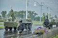 August 30 2020 Minsk Belarus A group of people wrapped in flags walk down the street